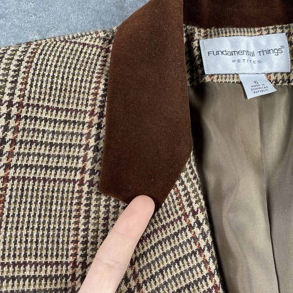 VTG Equestrian Blazer Womens 6P Brown Plaid Wool Blend Velvet Collar Preppy City - Picture 5 of 15